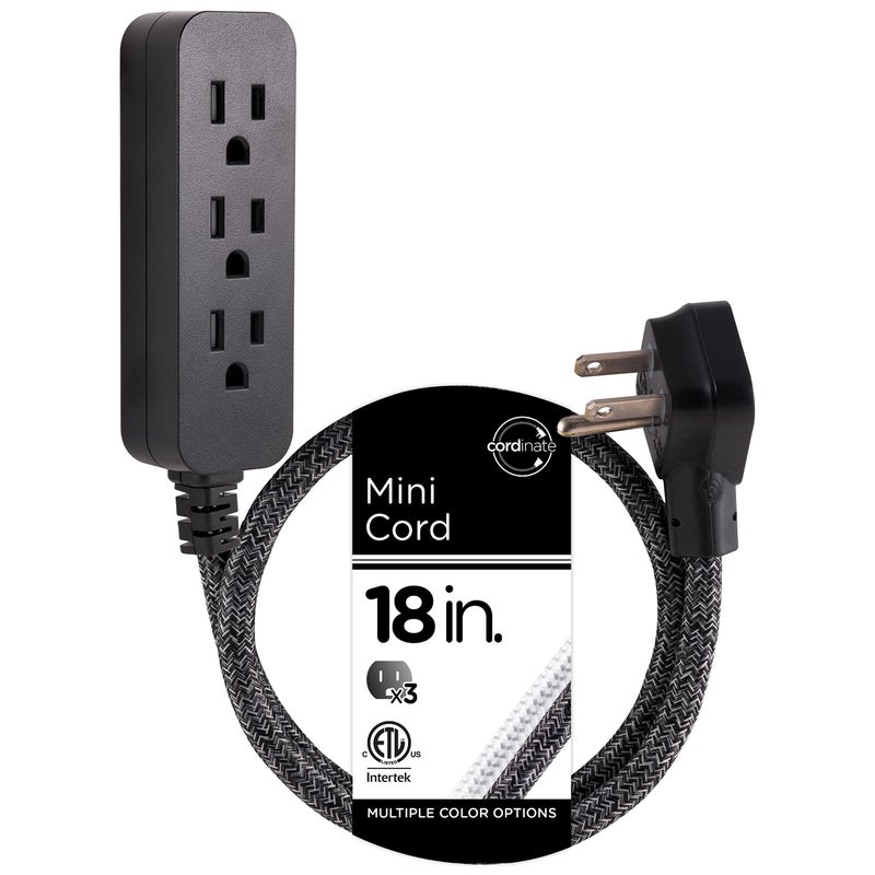 Cordinate Designer Mini 3-Outlet Power Strip, 18 in Braided Extension Cord, Grounded Adapter, Low-Profile Flat Plug, ETL Listed, Black/Dark Heather, 47298 - Image 1